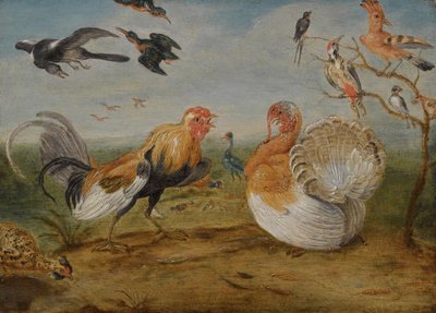 Paysage avec un coq et une dinde se disputant, et d